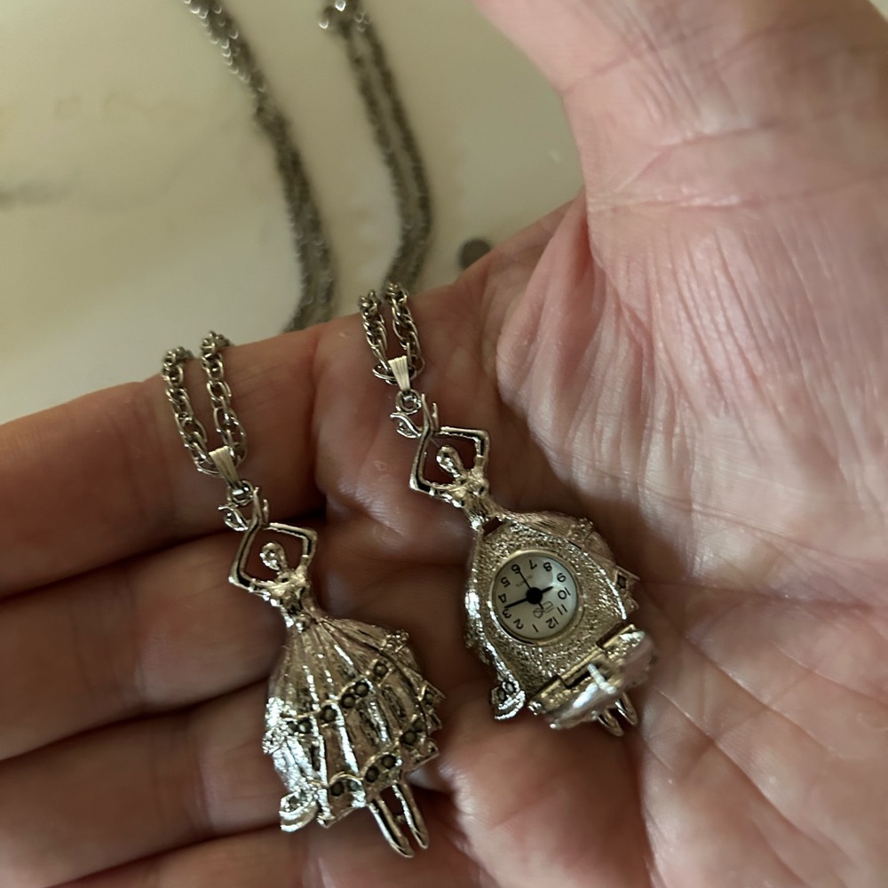 Silver Ballerina Pendant Necklace with Watch